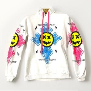 Rhum 22 White Smiley Face Cross Hoodie Bold Colourful Design Streetwear Size L